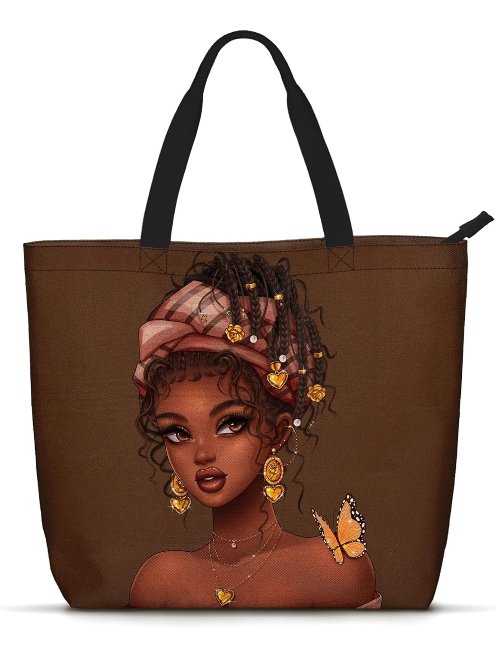 Brown Illustration Tote Bag with Heart & Butterfly Accent